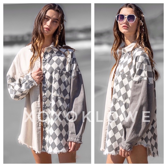 1 L POL Retro 90s Color Block Harlequin Print Denim Twill Shacket - Picture 3 of 14